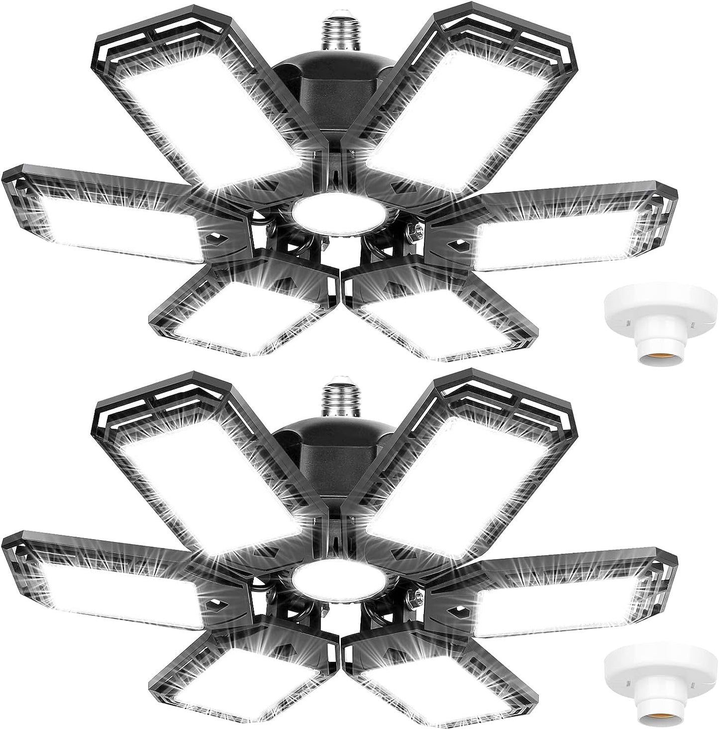 2 Pack LED Garage Lights 180W Deformable 18000LM Close to Ceiling Light Fixtures E26 E27 Screw-in Six Leaf Glow Lighting, Ultra Bright LED Shop Light with 6 Adjustable Panels for Work Shop Warehouse