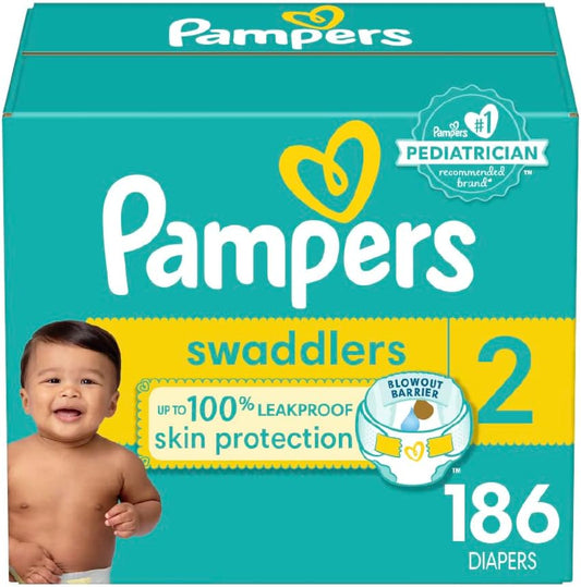 Pampers Swaddlers Diapers - Size 2, One Month Supply (186 Count), Ultra Soft Disposable Baby Diapers