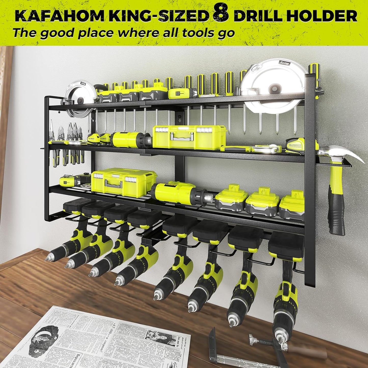 Power Tool Organizer-8 Drill Holder Wall Mount,4 Layer Heavy Duty Metal Power Tool Storage Rack,Garage Tool Organizer and Storage with Screwdriver Holder/Plier Holder/Hammer Holder