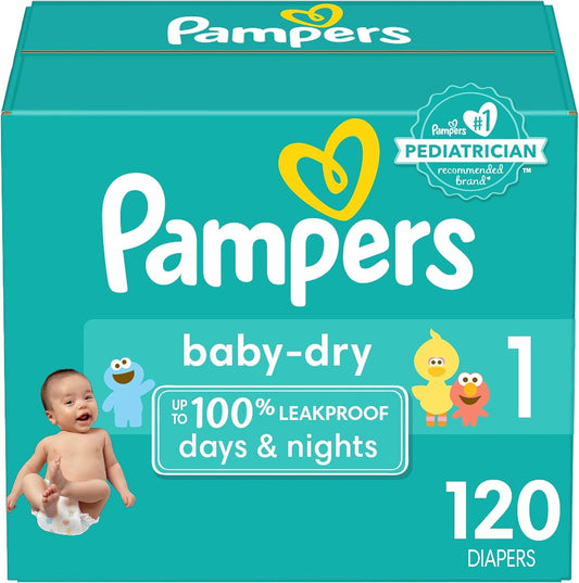 Pampers Baby Dry Diapers - Size 1, 120 Count, Absorbent Disposable Diapers