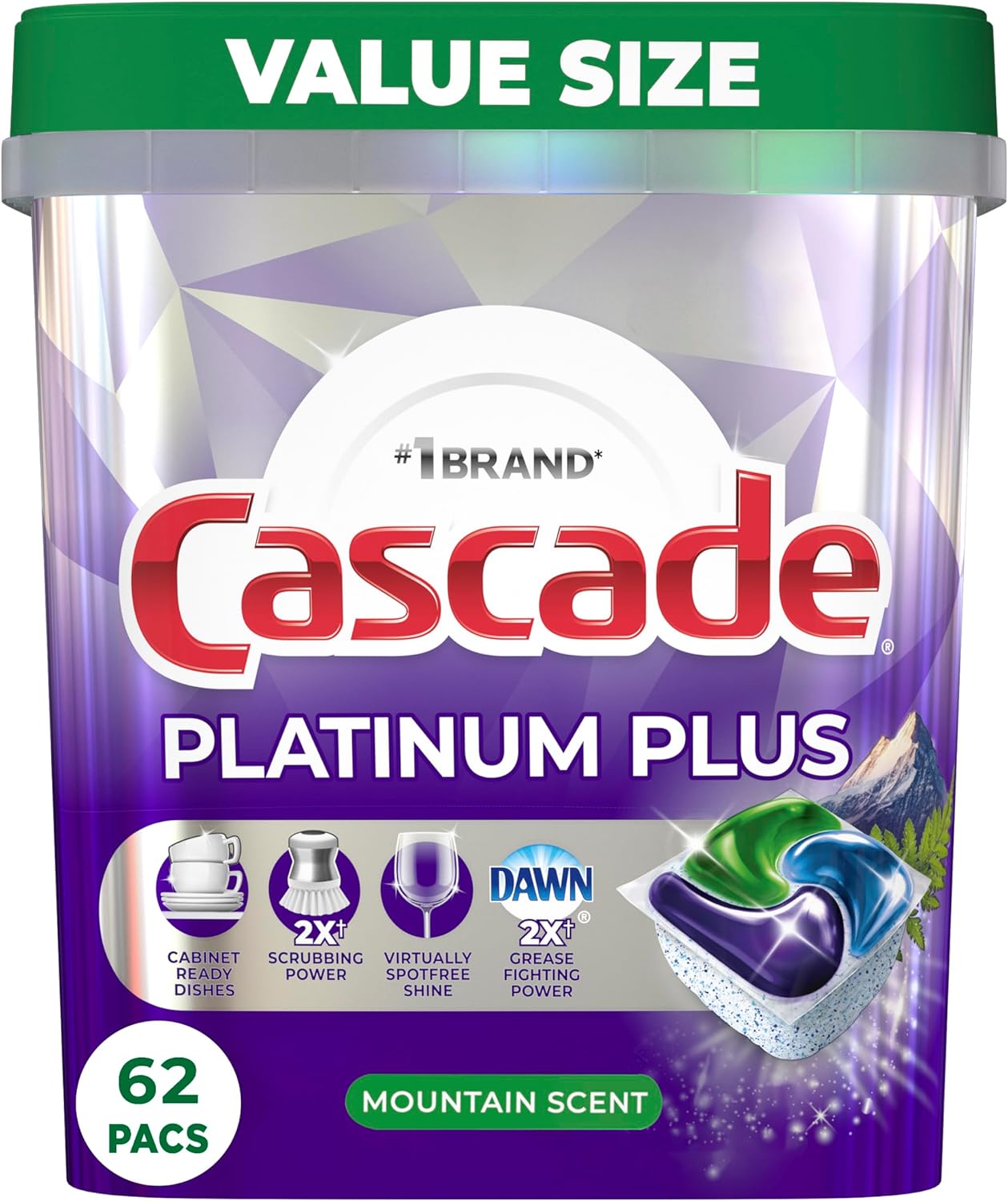 Cascade Platinum Plus ActionPacs Dishwasher Detergent Pods, Mountain, 62 Count