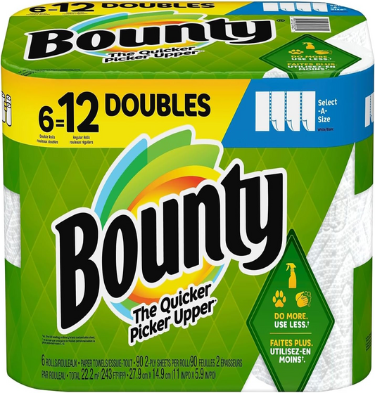 Bounty Select-A-Size Paper Towels, White, 6 Double Rolls = 12 Regular Rolls