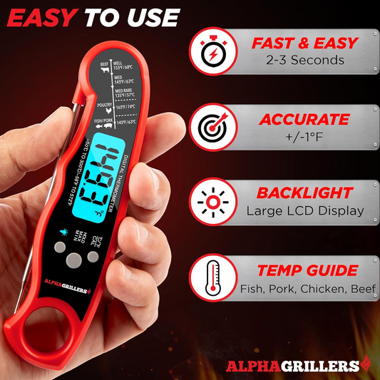 Alpha Grillers Instant Read Meat Thermometer for Grill and Cooking. Best Waterproof Ultra Fast Thermometer with Backlight & Calibration. Digital Food Probe for Kitchen, Outdoor Grilling and BBQ!